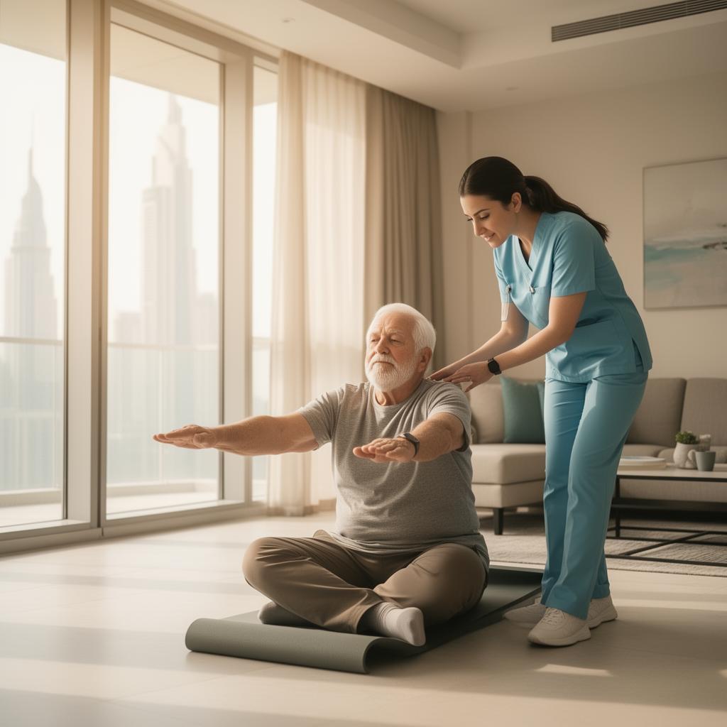 SIMS physiotherapist guiding a senior patient through home rehabilitation exercises
